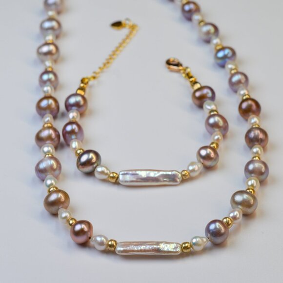 Natural Metallic Purple Pearl Necklace 19" Gold Plated - Picture 6 of 7